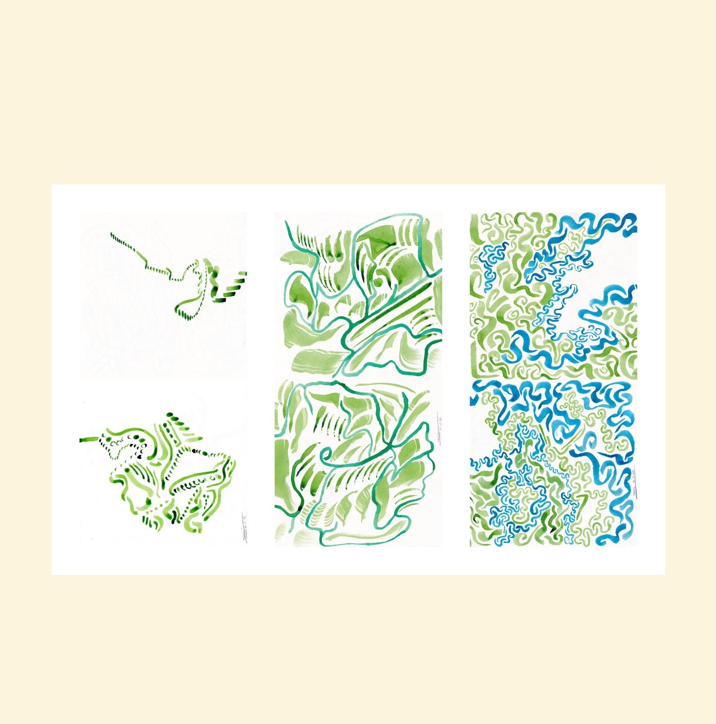 L'image représente un tableau triptyque abstrait à l'encre verte et bleue. C'est une oeuvre de l'artiste peintre Maeva J.