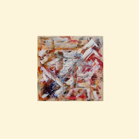 L'image représente un tableau abstrait aux couleurs jaune, rouge, et avec des touches de bleu. Ses dimensions sont de 30 cm par 30 cm. Il a été créé à la peinture à l'huile avec un travail au couteau et avec des pigments de couleur. Le tableau a été créé par la peintre autodidacte Maeva J.