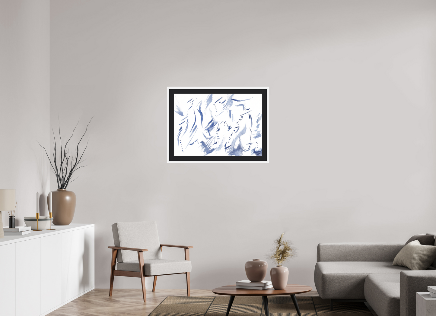 84,6 x 60 cm, Impression d'Art avec Cadre en bois "Blanc mat" et Passe-partout Noir Subsessile