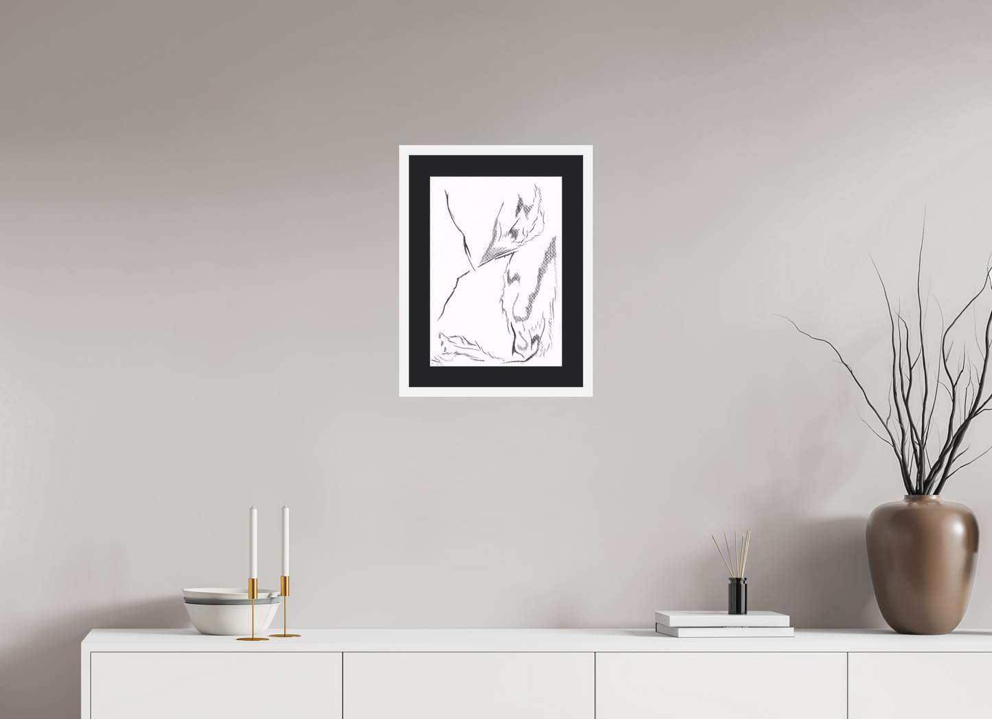 30 x 42,8 cm, Impression d'art avec Cadre en bois "Blanc mat" et Passe-partout Noir Mérite