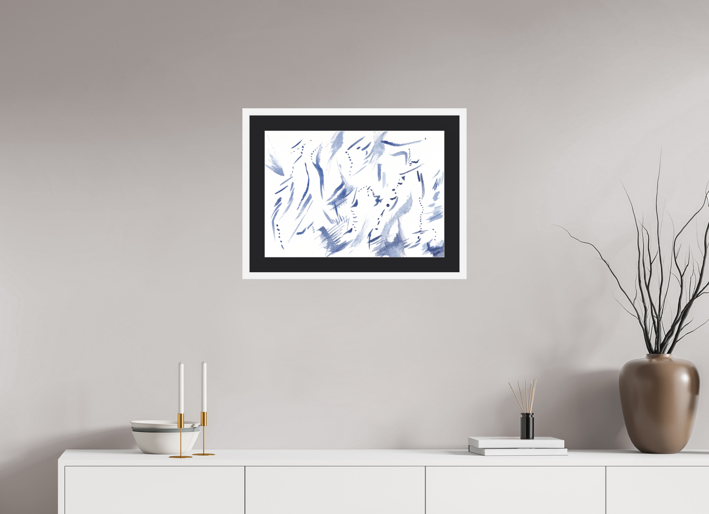 56,4 x 40 cm, Impression d'Art avec Cadre en bois "Blanc mat" et Passe-partout Noir Subsessile