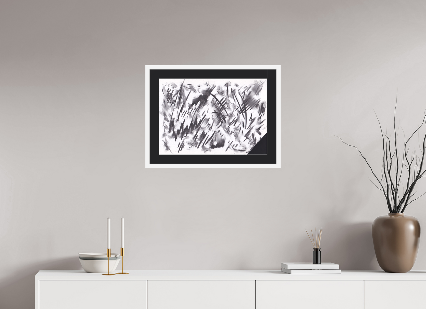 56,7 x 40 cm, Impression d'art avec Cadre en bois "Blanc mat" et Passe-partout Noir Dispersions