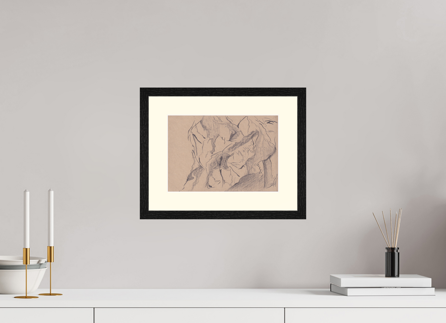 28,5 x 20 cm, Impression d'Art avec Cadre en bois "Chêne noir" et Passe-partout Ivoire Tetra