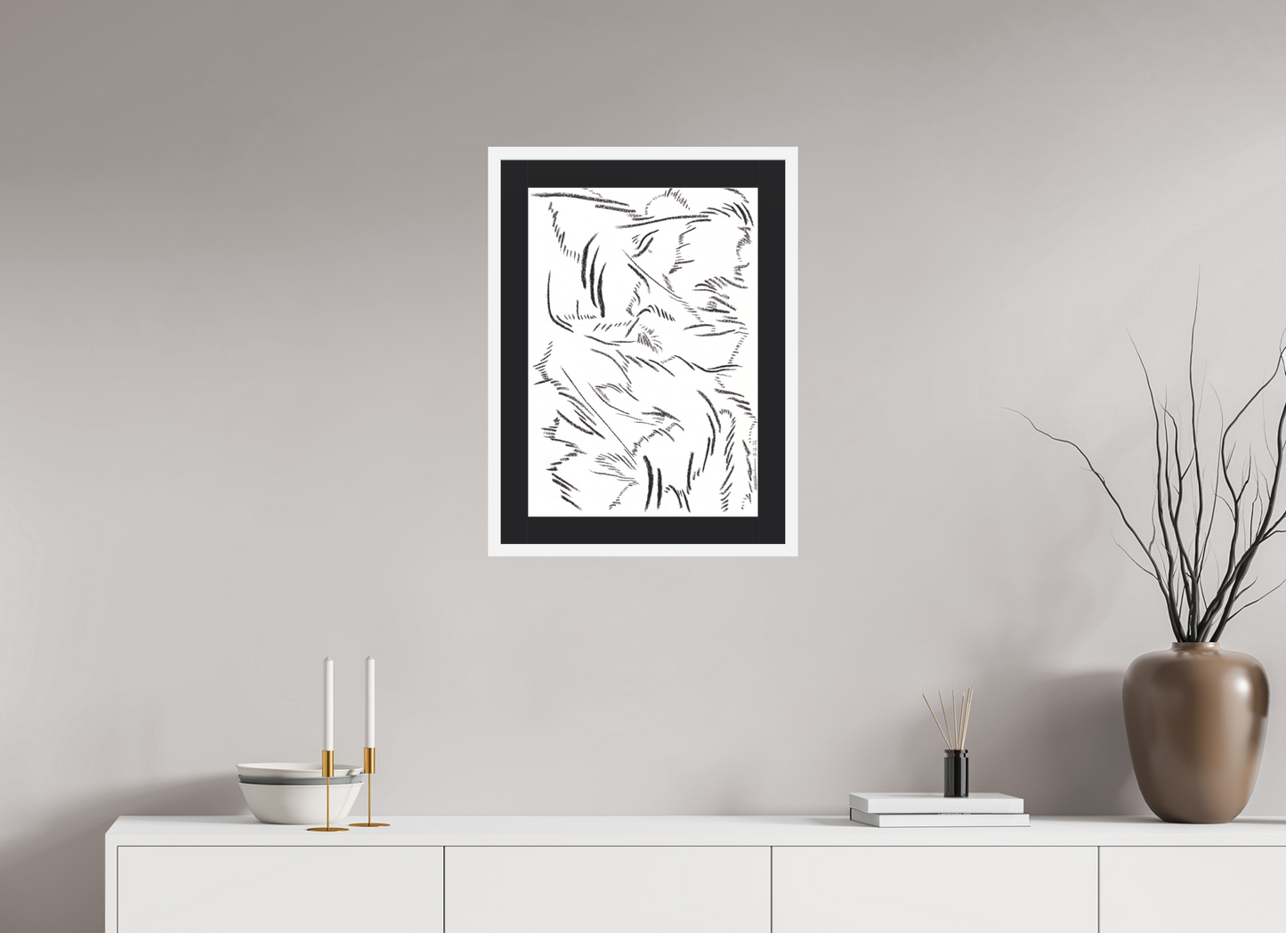 40 x 56,9 cm, Impression d'art avec Cadre en bois "Blanc mat" et Passe-partout Noir Sereine