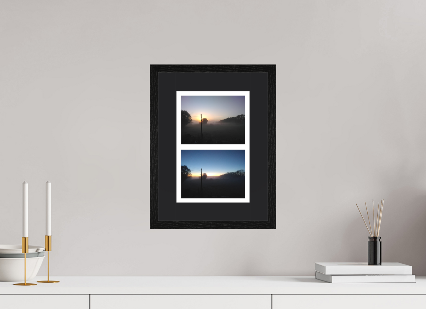 20 x 30 cm, Tirage photo avec Cadre en bois "Chêne noir" et Passe-partout Noir 08h03 ¤ Octobre & 07h02 ¤ Novembre