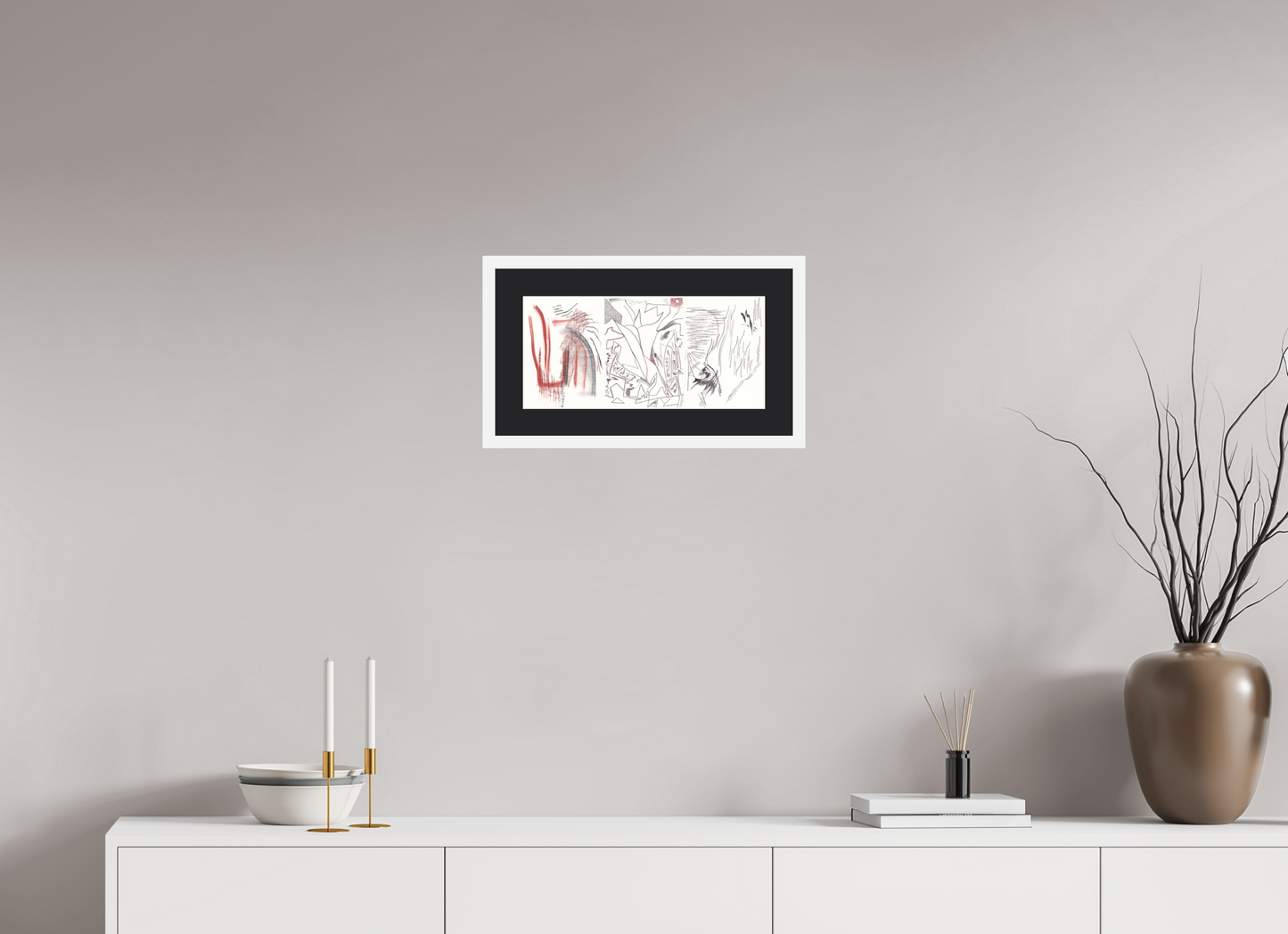 42,1 x 20 cm, Impression d'art avec Cadre en bois "Blanc mat" et Passe-partout Noir A/venir