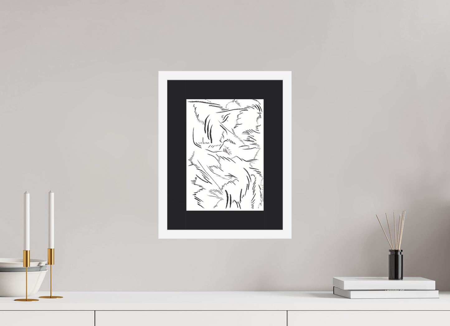 20 x 28,5 cm, Impression d'art avec Cadre en bois "Blanc mat" et Passe-partout Noir Sereine