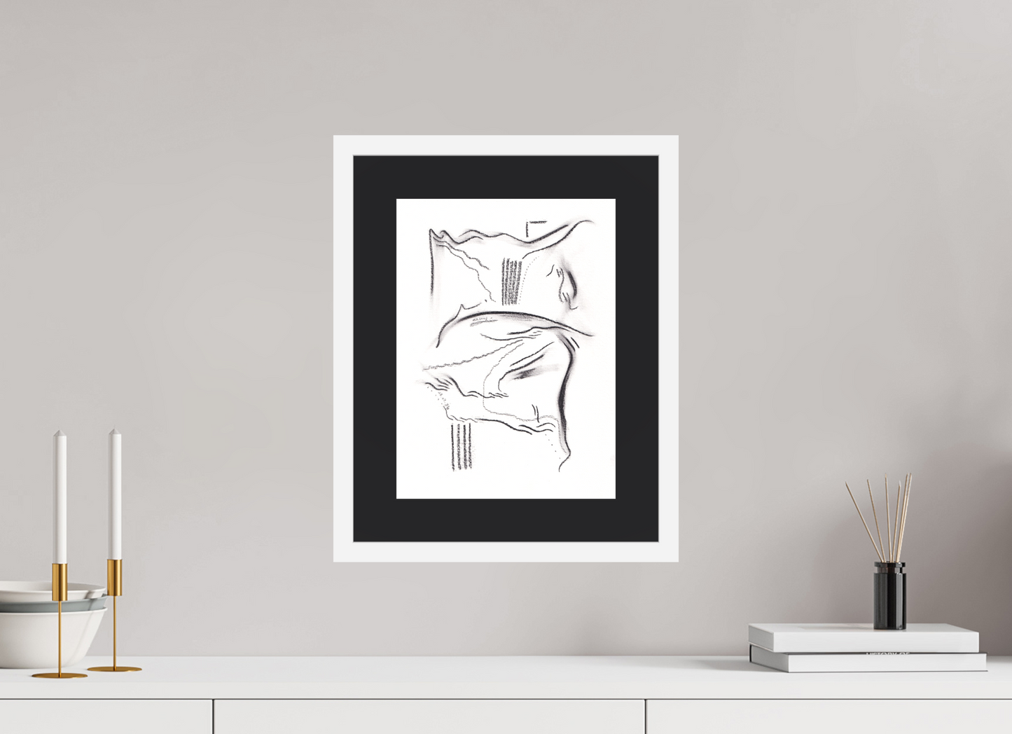 25 x 33,9 cm, Impression d'Art avec Cadre en bois "Blanc mat" et Passe-partout Noir hystera