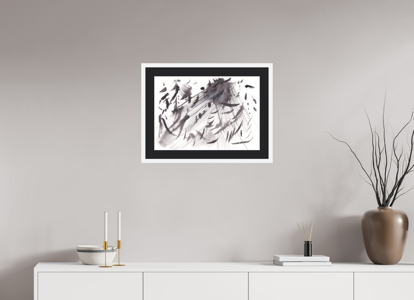 56,7 x 40 cm, Impression d'Art avec Cadre en bois "Blanc mat" et Passe-partout Noir Serment