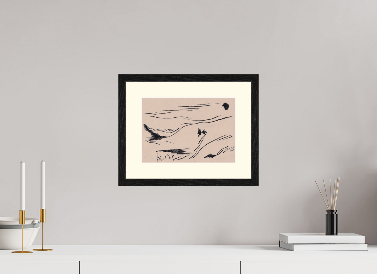 28,4 x 20 cm, Impression d'Art avec Cadre en bois "Chêne noir" et Passe-partout Ivoire Ascèse