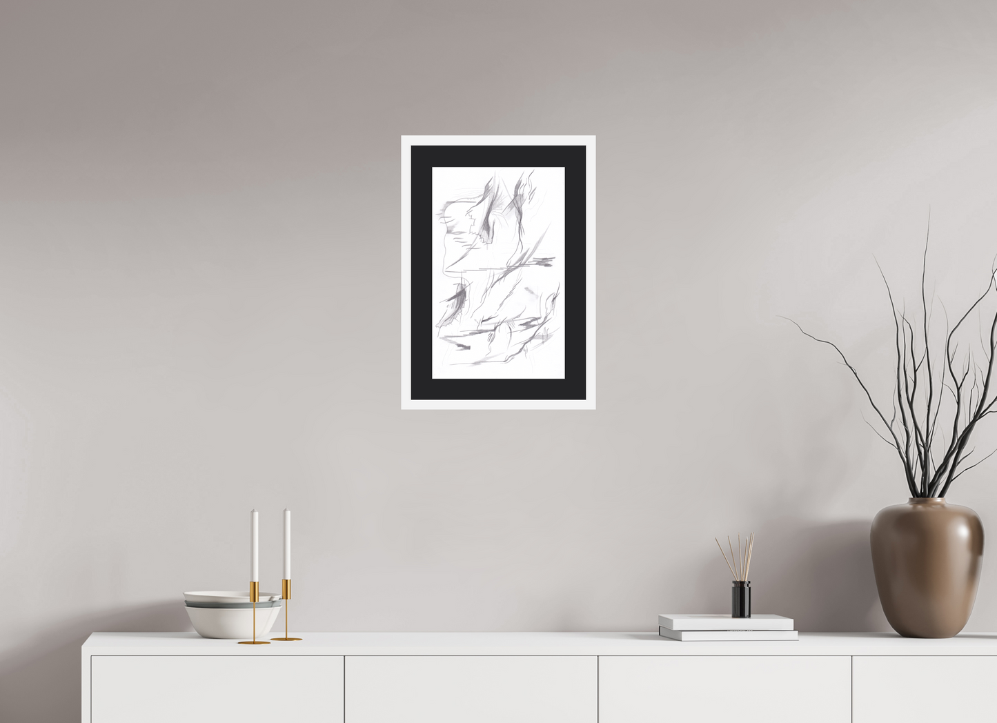 30 x 47,4 cm, Impression d'art avec Cadre en bois "Blanc mat" et Passe-partout Noir Nectar