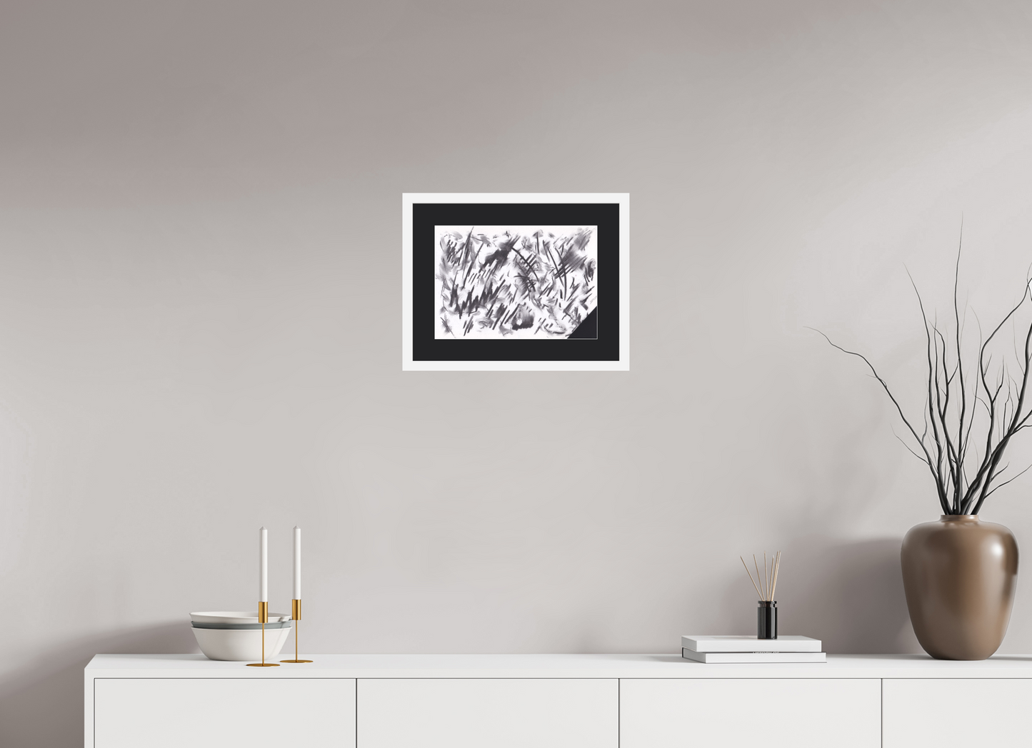 35,4 x 25 cm, Impression d'art avec Cadre en bois "Blanc mat" et Passe-partout Noir Dispersions