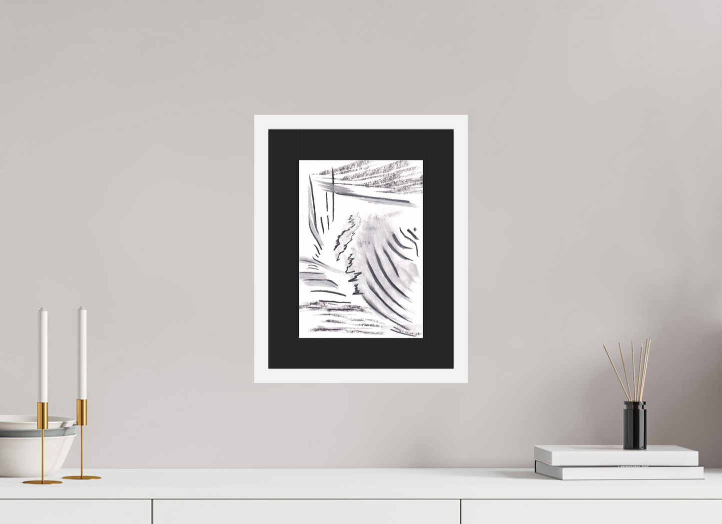 20 x 28,3 cm, Impression d'art avec Cadre en bois "Blanc mat" et Passe-partout Noir Aride