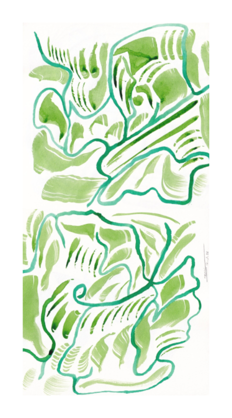 L'image représente un tableau abstrait à l'encre verte. C'est une oeuvre de l'artiste peintre Maeva J.