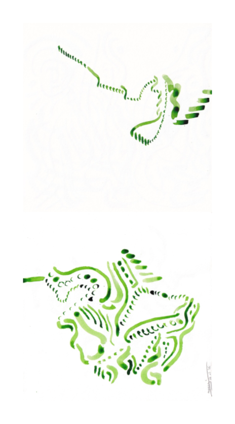 L'image représente un tableau abstrait à l'encre verte. C'est une oeuvre de l'artiste peintre Maeva J.