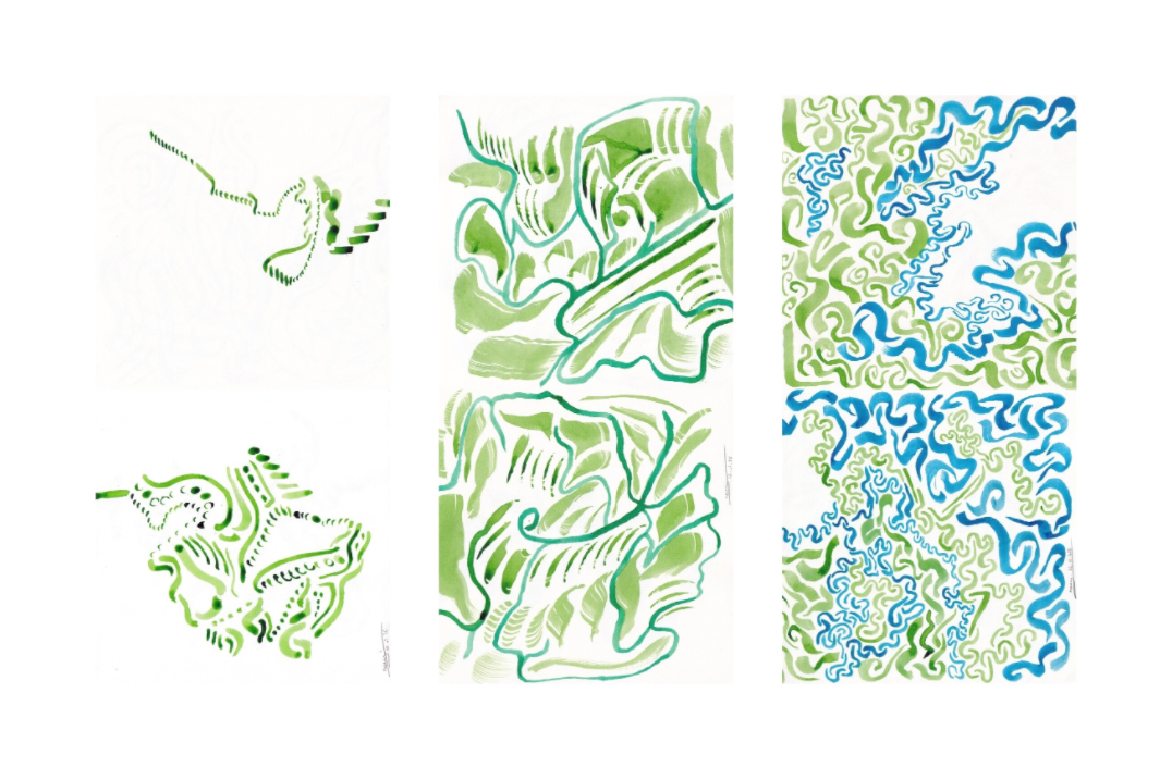 L'image représente un tableau triptyque abstrait à l'encre verte et bleue. C'est une oeuvre de l'artiste peintre Maeva J.