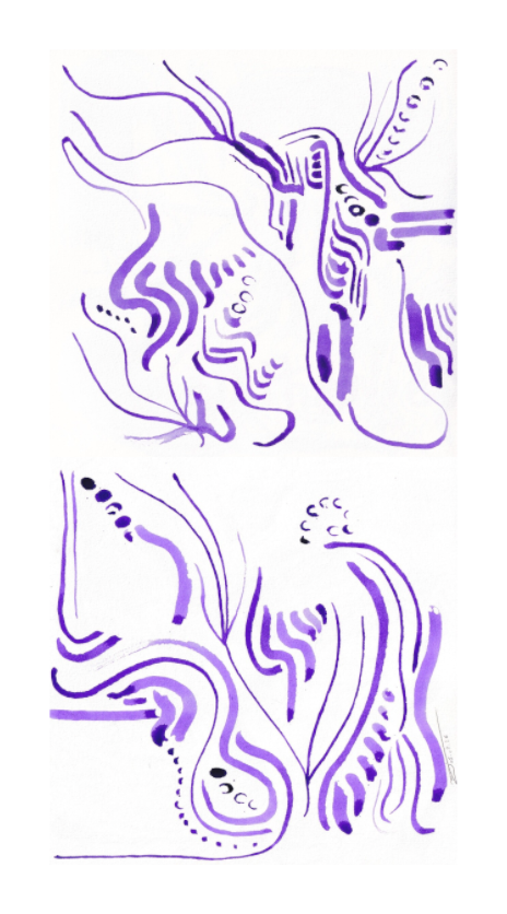 L'image représente un tableau abstrait à l'encre violette. C'est une oeuvre de l'artiste peintre Maeva J.