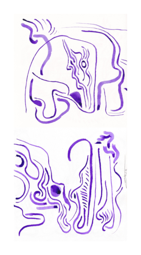 L'image représente un tableau abstrait à l'encre violette. C'est une oeuvre de l'artiste peintre Maeva J.