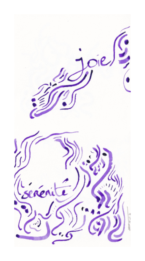 L'image représente un tableau abstrait à l'encre violette. C'est une oeuvre de l'artiste peintre Maeva J.