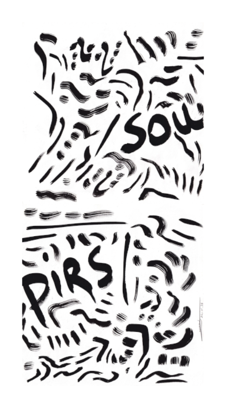 L'image représente un tableau abstrait à l'encre noire. C'est une oeuvre de l'artiste peintre Maeva J.