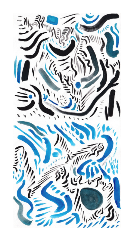 L'image représente un tableau abstrait à l'encre bleue et noire. C'est une oeuvre de l'artiste peintre Maeva J.