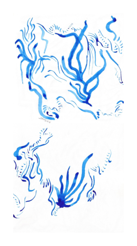 L'image représente un tableau abstrait à l'encre bleue. C'est une oeuvre de l'artiste peintre Maeva J.