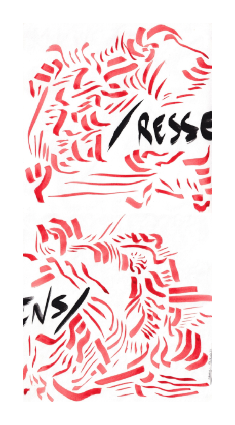 L'image représente un tableau abstrait à l'encre rouge et noire. C'est une oeuvre de l'artiste peintre Maeva J.