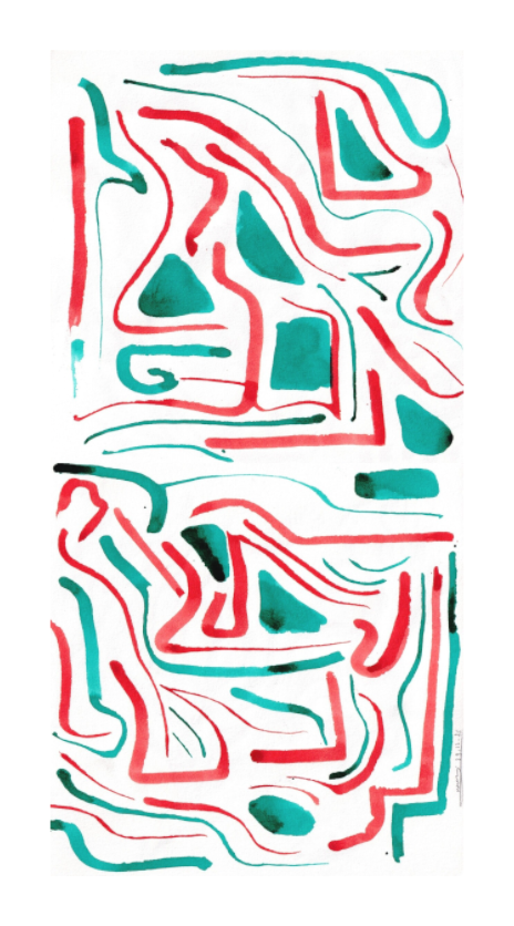 L'image représente un tableau abstrait à l'encre bleue et rouge. C'est une oeuvre de l'artiste peintre Maeva J.