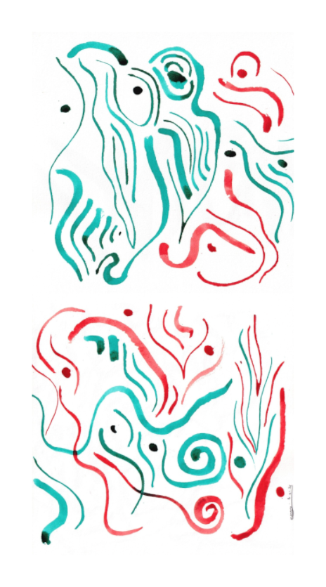 L'image représente un tableau abstrait à l'encre bleue et rouge. C'est une oeuvre de l'artiste peintre Maeva J.