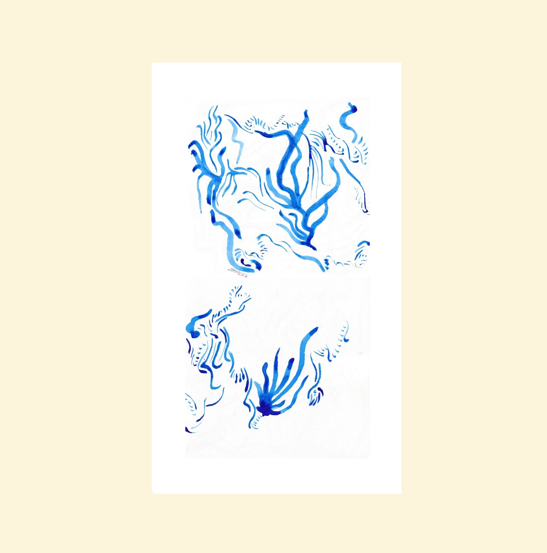 L'image représente un tableau abstrait à l'encre bleue. C'est une oeuvre de l'artiste peintre Maeva J.