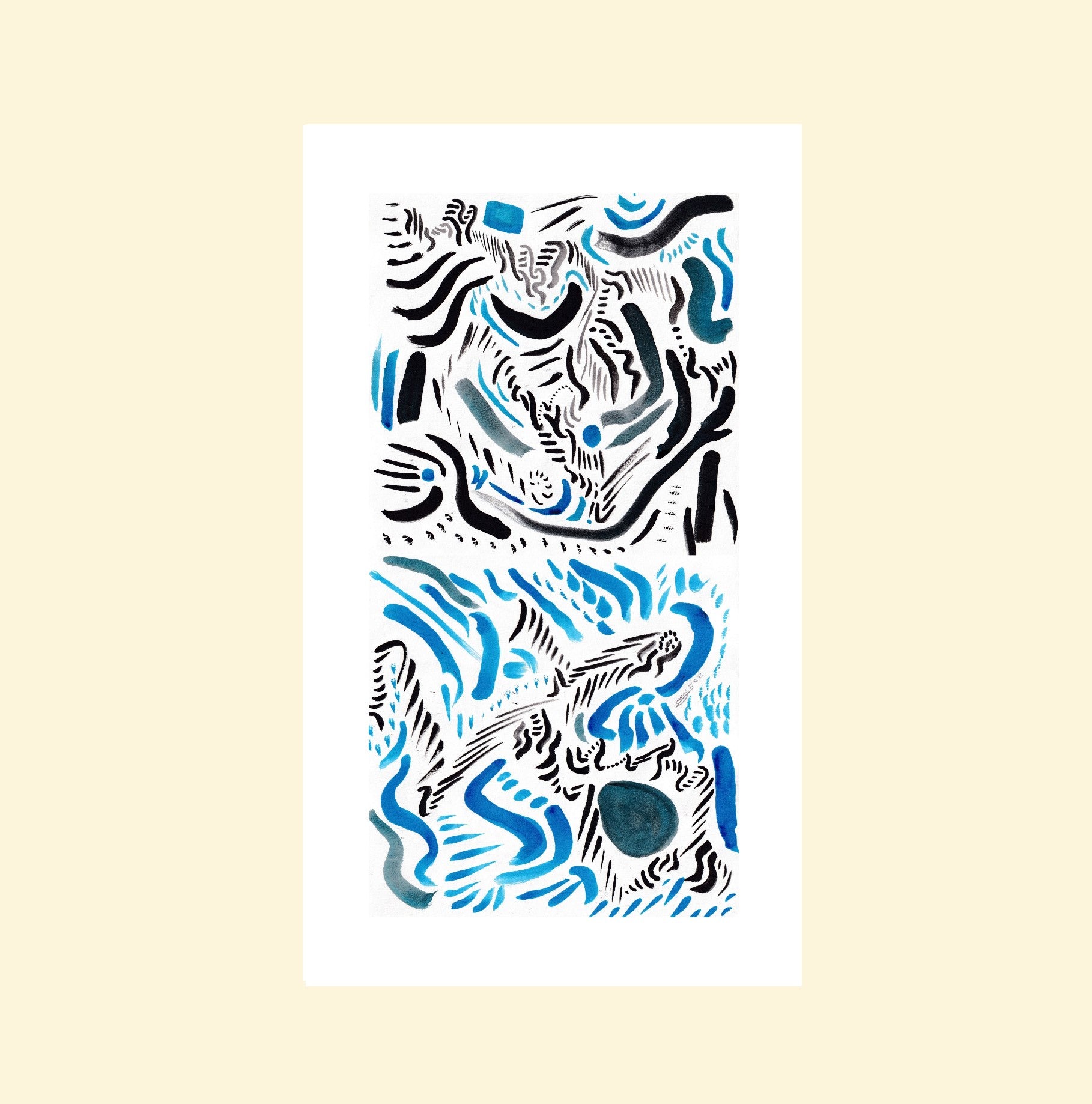 L'image représente un tableau abstrait à l'encre bleue et noire. C'est une oeuvre de l'artiste peintre Maeva J.