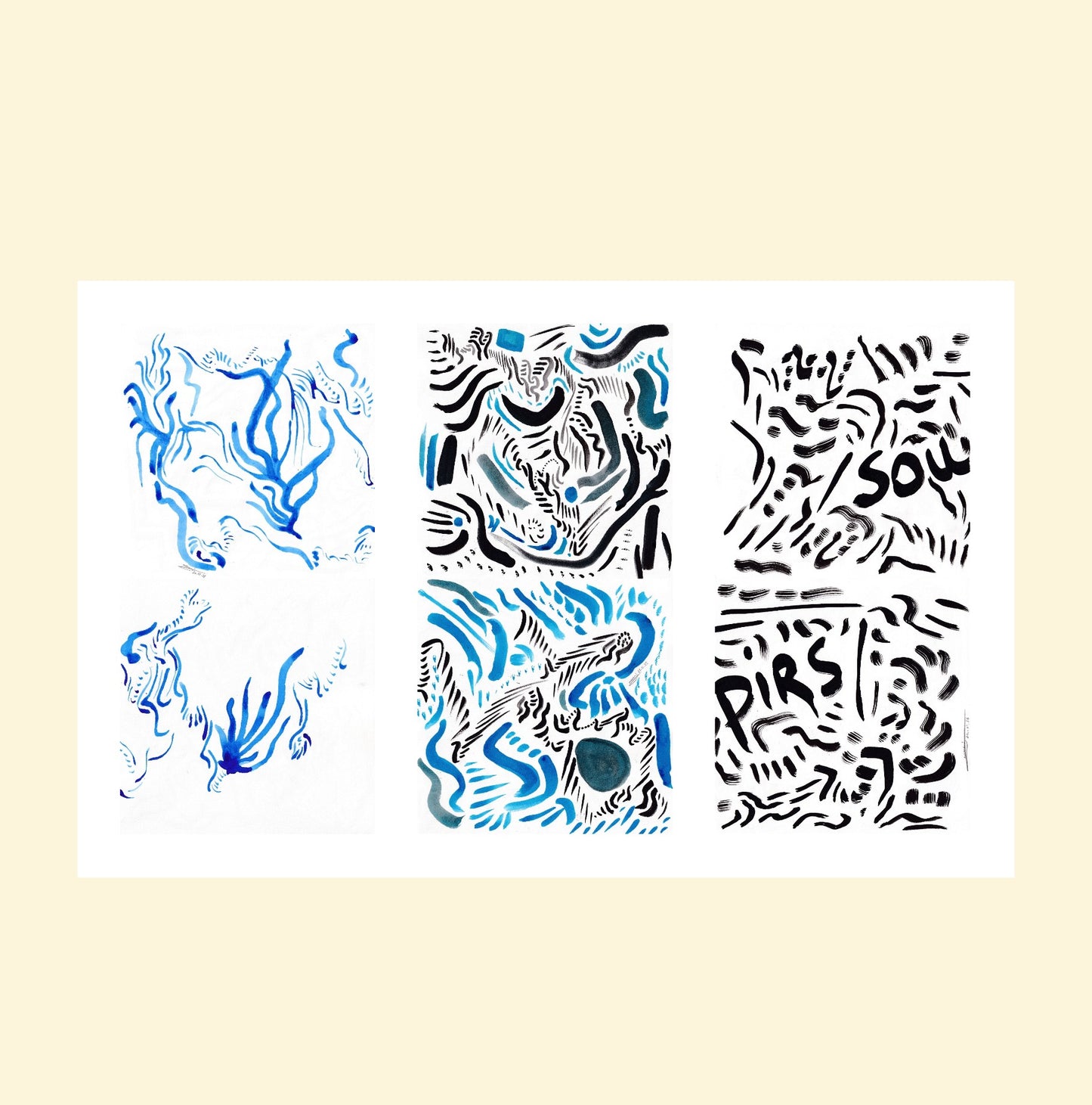 L'image représente un tableau triptyque abstrait à l'encre bleue et noire. C'est une oeuvre de l'artiste peintre Maeva J.
