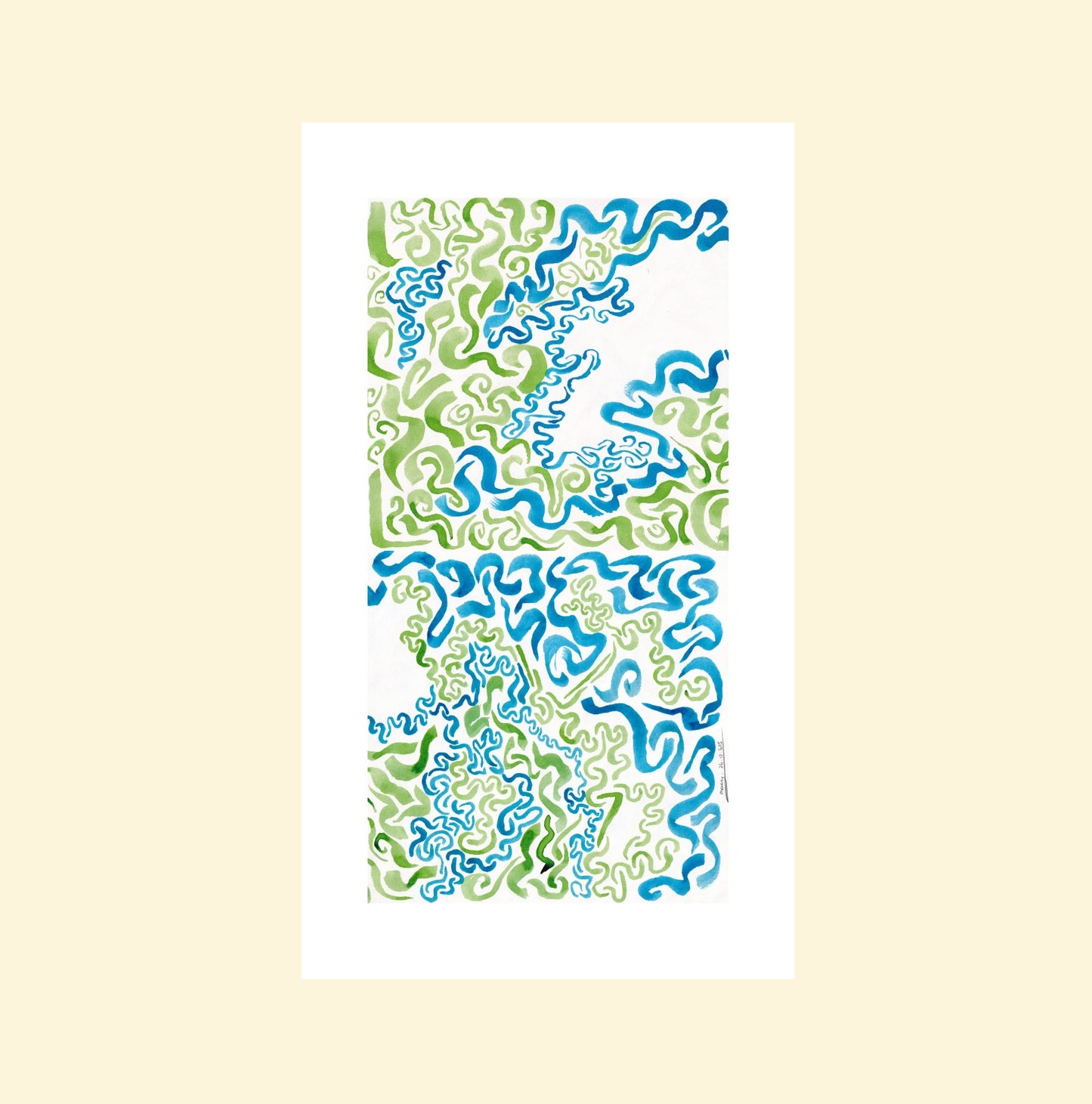 L'image représente un tableau abstrait à l'encre verte et bleue. C'est une oeuvre de l'artiste peintre Maeva J.