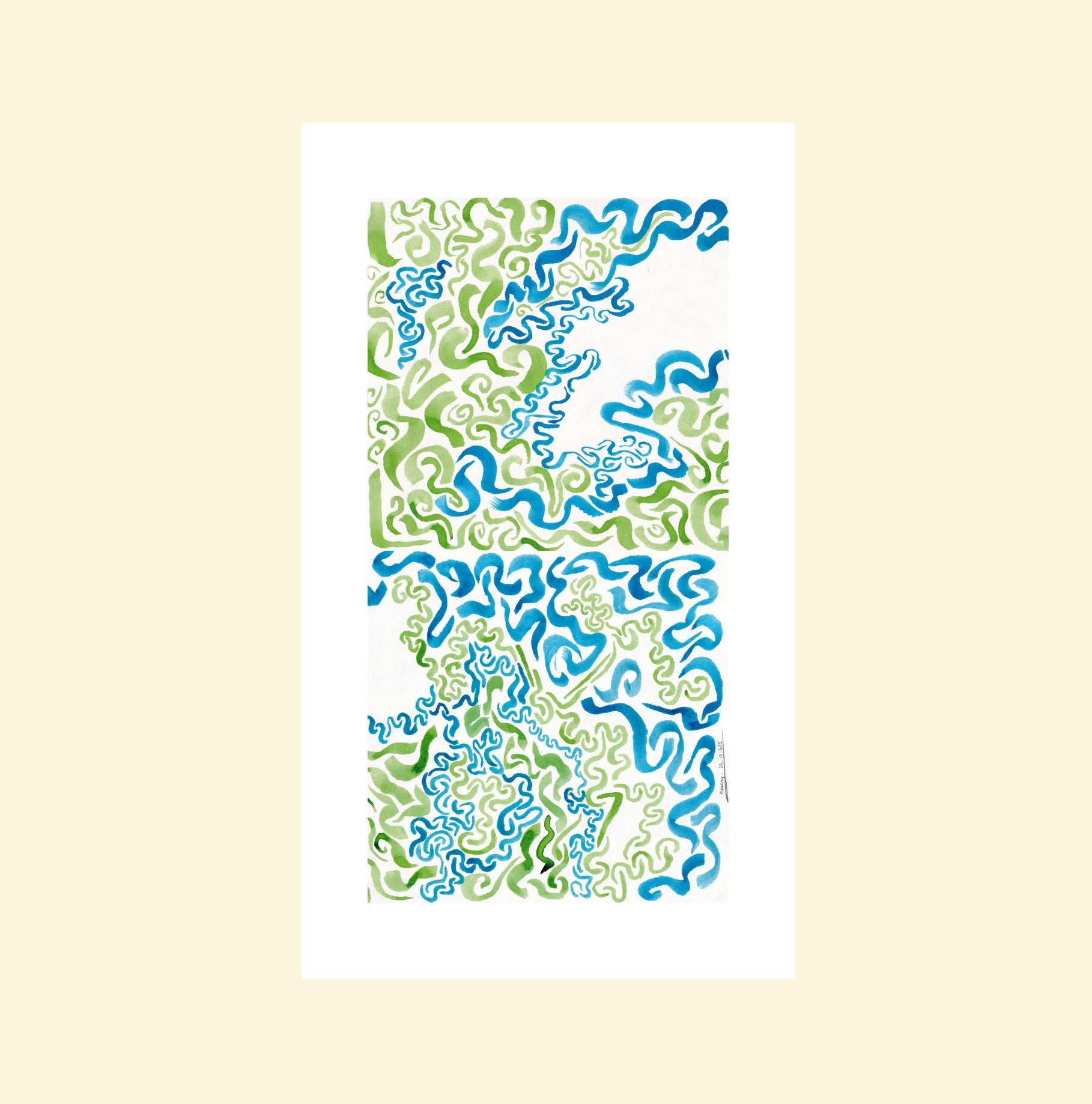 L'image représente un tableau abstrait à l'encre verte et bleue. C'est une oeuvre de l'artiste peintre Maeva J.
