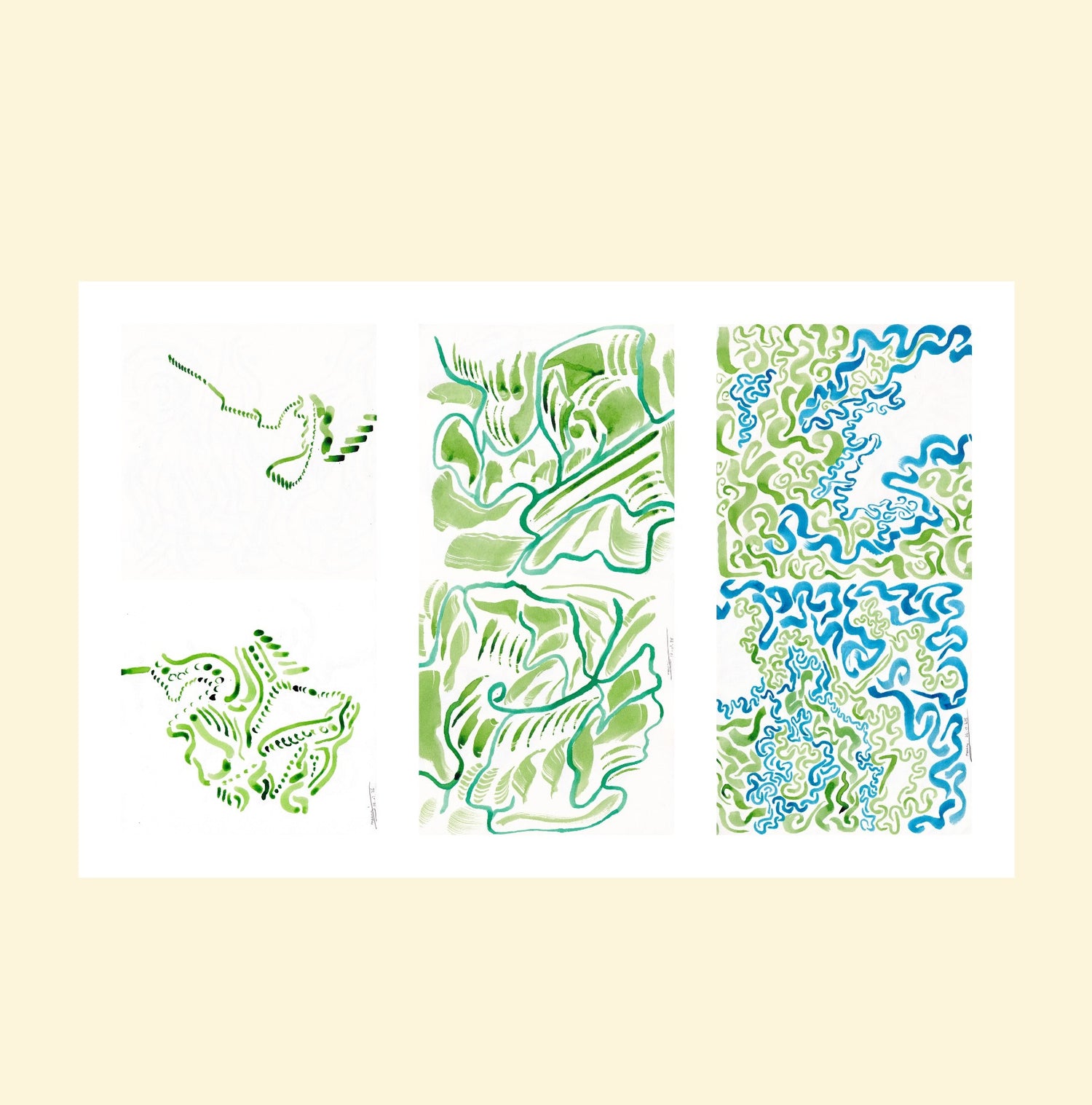 L'image représente un tableau triptyque abstrait à l'encre verte et bleue. C'est une oeuvre de l'artiste peintre Maeva J.