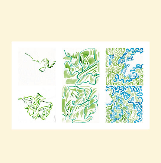 L'image représente un tableau triptyque abstrait à l'encre verte et bleue. C'est une oeuvre de l'artiste peintre Maeva J.