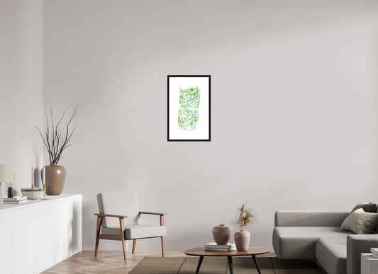 L'image représente un tableau abstrait à l'encre verte, encadré et accroché dans une pièce lumineuse. C'est une oeuvre de l'artiste peintre Maeva J.