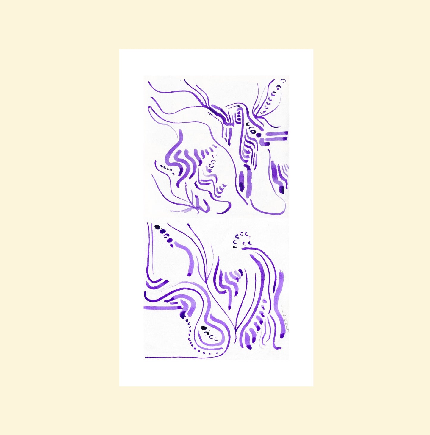 L'image représente un tableau abstrait à l'encre violette. C'est une oeuvre de l'artiste peintre Maeva J.
