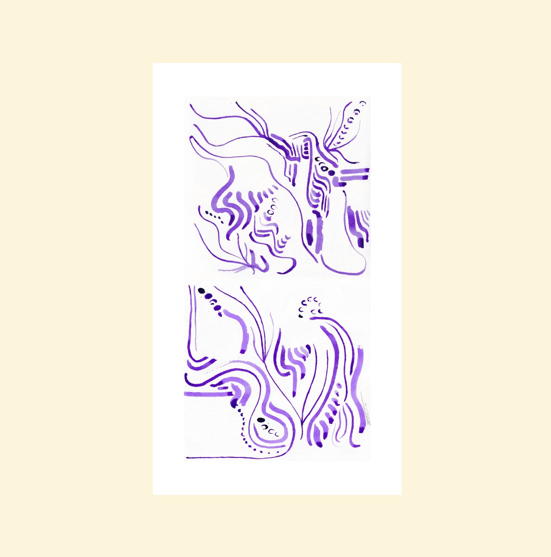 L'image représente un tableau abstrait à l'encre violette. C'est une oeuvre de l'artiste peintre Maeva J.