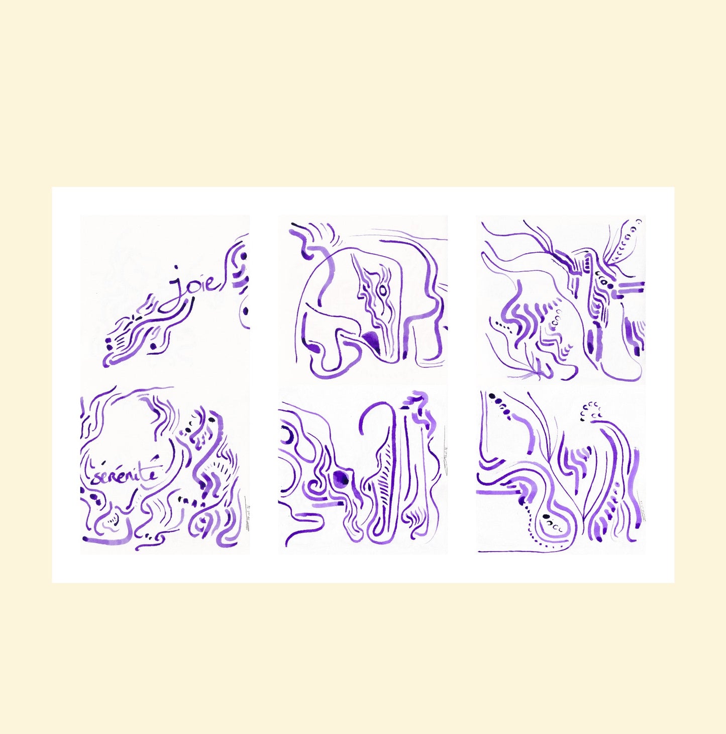 L'image représente un tableau triptyque abstrait à l'encre violette. C'est une oeuvre de l'artiste peintre Maeva J.