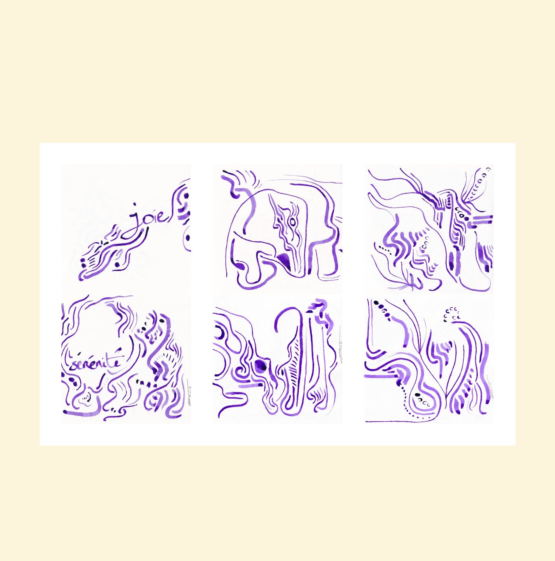 L'image représente un tableau triptyque abstrait à l'encre violette. C'est une oeuvre de l'artiste peintre Maeva J.
