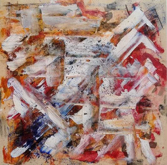 L'image représente un tableau abstrait aux couleurs jaune, rouge, et avec des touches de bleu. Ses dimensions sont de 30 cm par 30 cm. Il a été créé à la peinture à l'huile avec un travail au couteau et avec des pigments de couleur. Le tableau a été créé par la peintre autodidacte Maeva J.