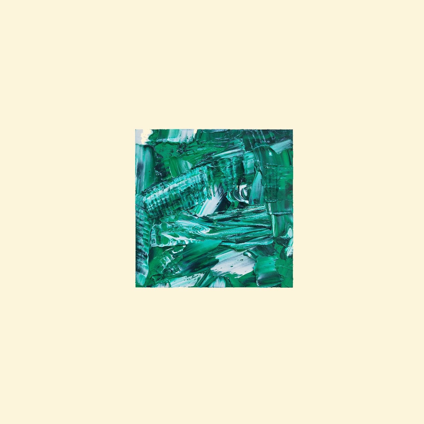 L'image représente un tableau abstrait à la couleur principale vert, avec des touches de blanc. Ses dimensions sont de 20 cm par 20 cm. Il a été créé à la peinture à l'huile avec un travail au couteau. Il présente des empâtements et des reliefs, des traits expressifs. Le tableau a été peint à la peinture à l'huile par la peintre autodidacte Maeva J.