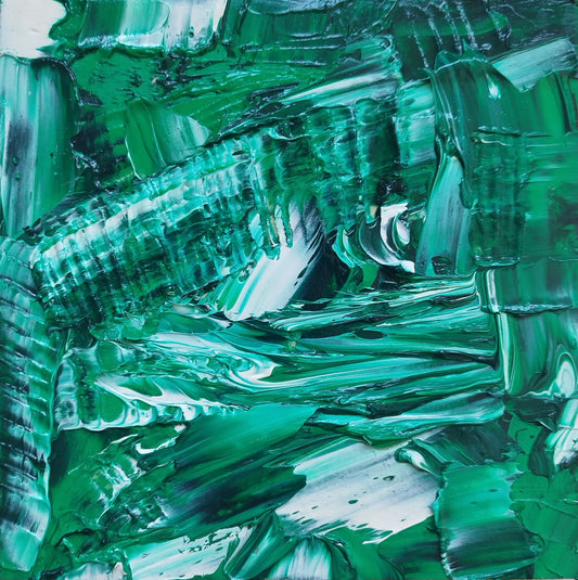 L'image représente un tableau abstrait à la couleur principale vert, avec des touches de blanc. Ses dimensions sont de 20 cm par 20 cm. Il a été créé à la peinture à l'huile avec un travail au couteau. Il présente des empâtements et des reliefs, des traits expressifs. Le tableau a été peint à la peinture à l'huile par la peintre autodidacte Maeva J.
