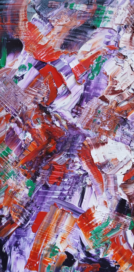 L'image représente un tableau abstrait aux couleurs rouge-orange, violet, blanc, avec des touches de vert. Ses dimensions sont de 20 cm par 40 cm. Il a été créé à la peinture à l'huile avec un travail au couteau. Il présente des empâtements et des reliefs, des traits expressifs. Le tableau a été peint à la peinture à l'huile par la peintre autodidacte Maeva J.