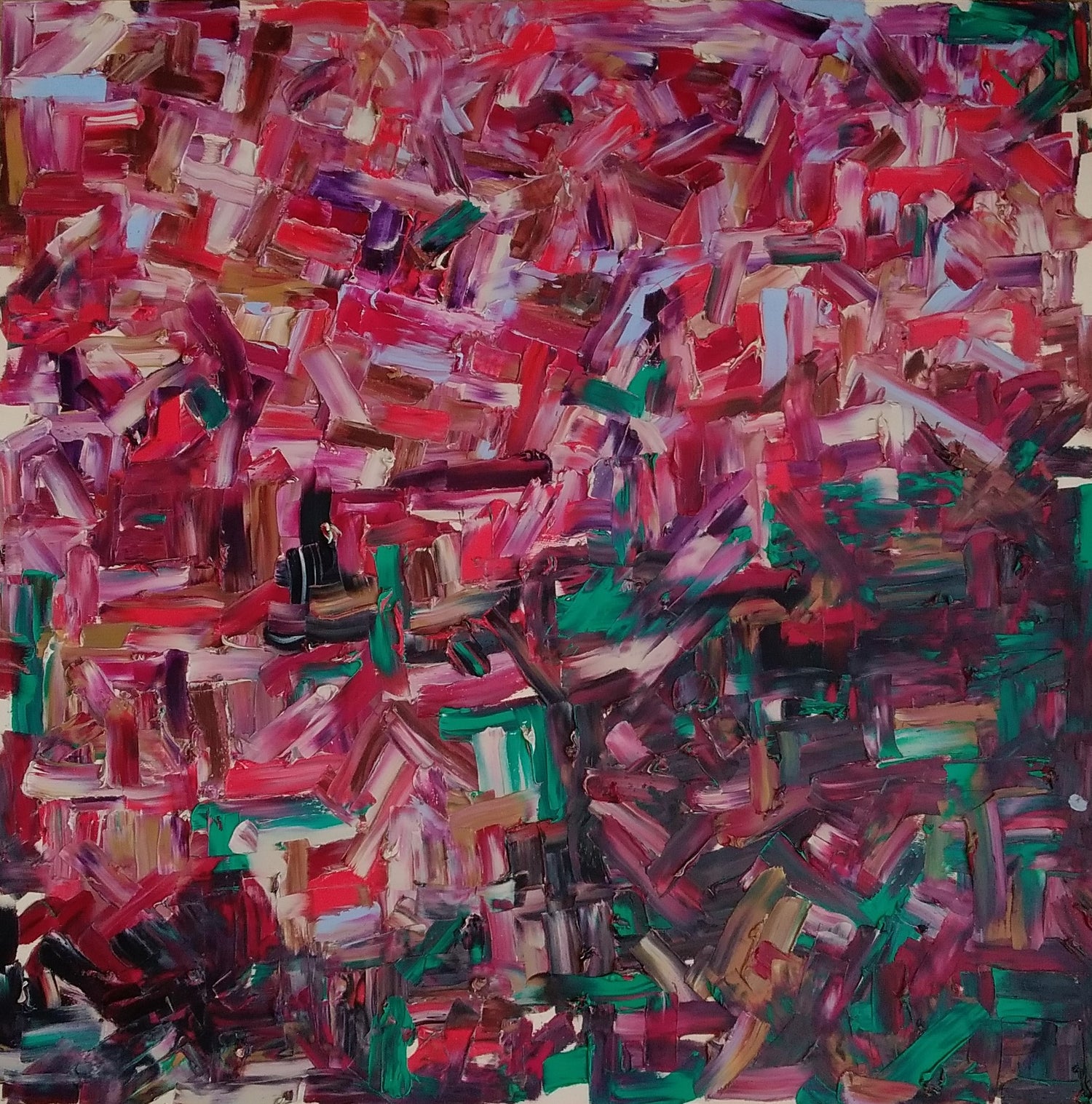 L'image représente un tableau abstrait multicolore, avec des tons roses, rouges, verts et noirs. Le tableau a été peint à la peinture à l'huile par l'artiste peintre Maeva J.
