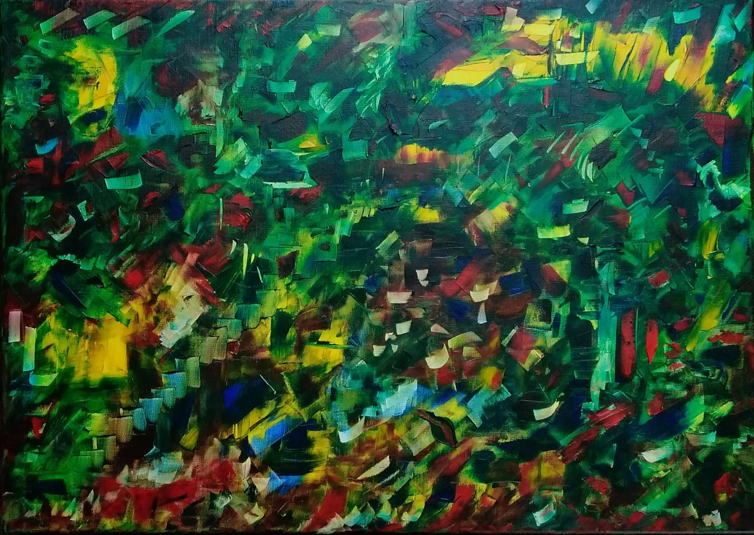 L'image représente un tableau abstrait multicolore, avec des tons verts, jaunes et rouges. Le tableau a été peint à la peinture à l'huile par l'artiste peintre Maeva J.