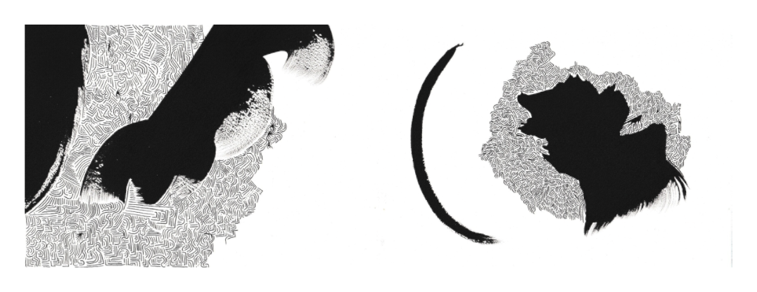 L'image représente un tableau abstrait à l'encre noire sur fond blanc. C'est une oeuvre de l'artiste peintre Maeva J., son titre est "Musiques". 