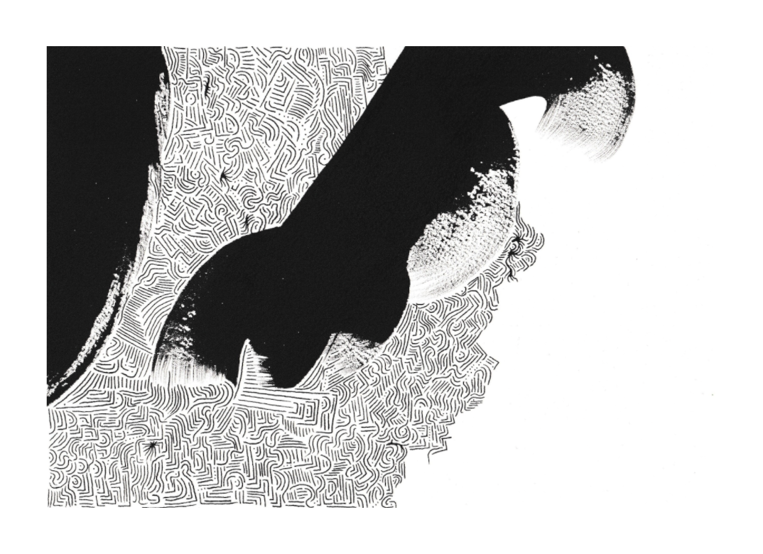 L'image représente un tableau abstrait à l'encre noire sur fond blanc. C'est une oeuvre de l'artiste peintre Maeva J., son titre est "Dialogue".