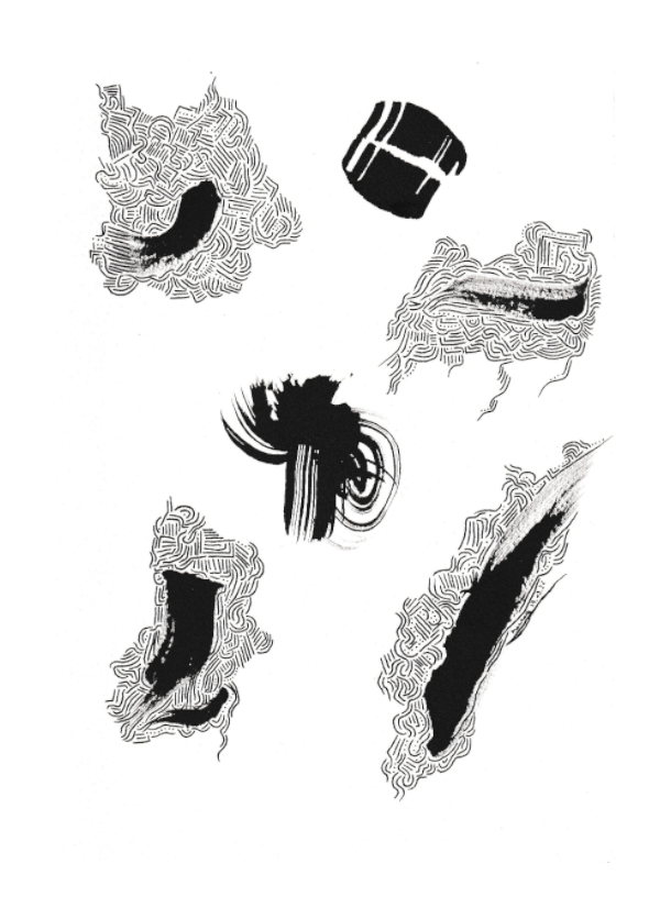 L'image représente un tableau abstrait à l'encre noire sur fond blanc. C'est une oeuvre de l'artiste peintre Maeva J., son titre est "Partition". 